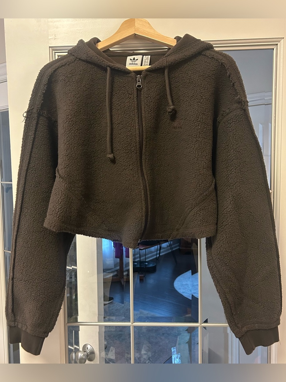 adidas Brown Cropped Sherpa Zip Hoodie